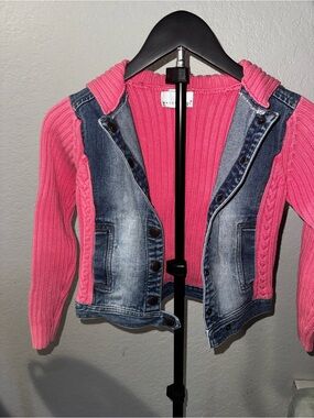 Maggie & Zoe Pink Knit Hoodie with Faded Blue Denim Jean Jacket